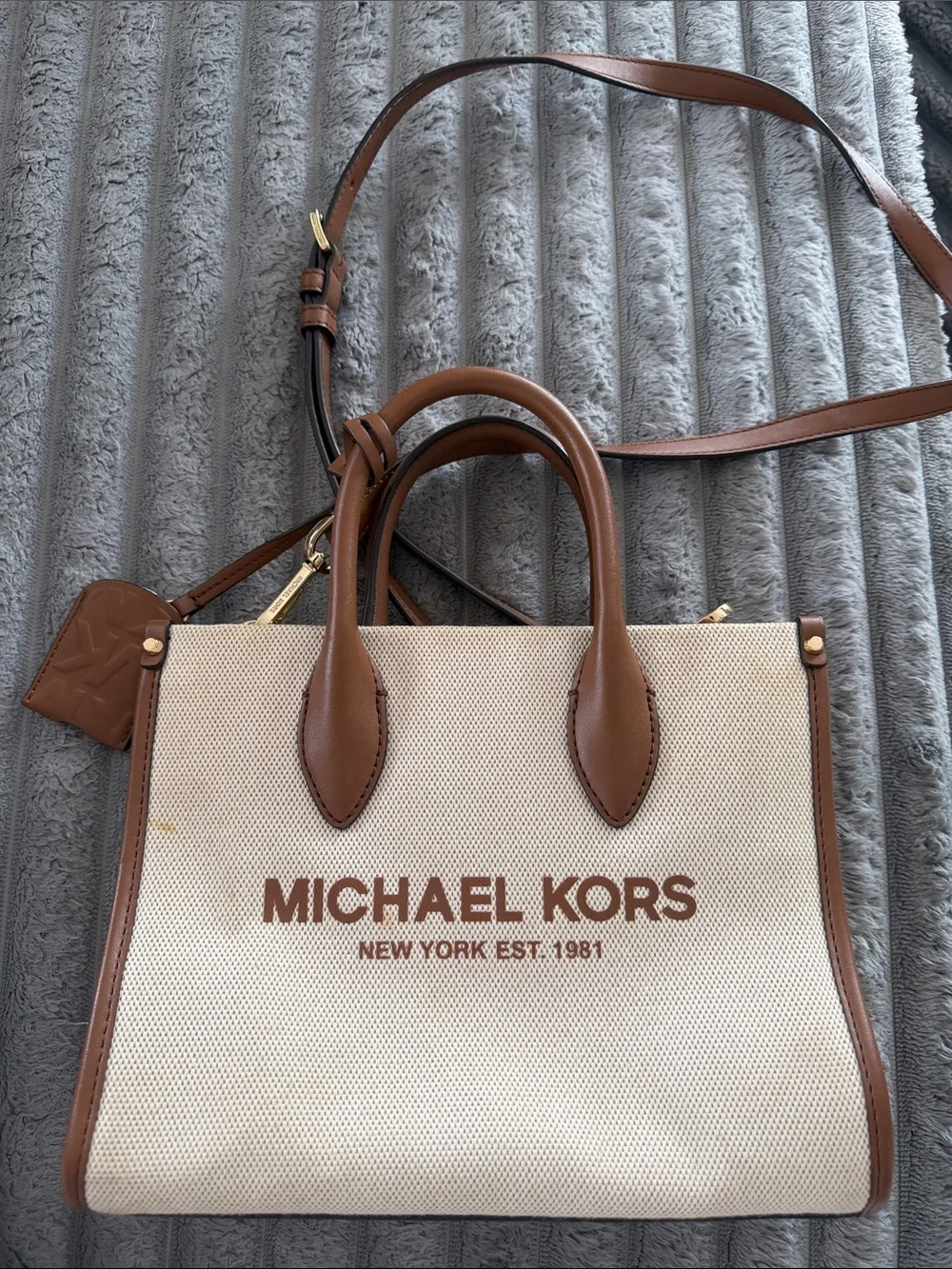 MICHAEL KORS Beige Canvas Satchel with Brown Leather Trim